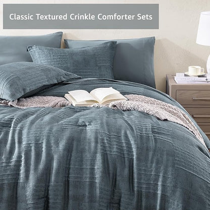 MaiRêve Queen Comforter Set Dusty Blue, Textured Design Crinkle Bedding Sets 7 Pieces, All Season Bed in A Bag with Comforter, Sheets, Pillowcases & Shams