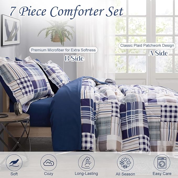 Comforter Set Queen Size Plaid Patchwork Comforter Bedding-7 Piece Bed in a Bag,Soft Fluffy Reversible Microfiber Bedding Set(1 Comforter,1 Flat Sheet,1 Fitted Sheet,2 Pillowcases,2 Pillow Shams),Navy