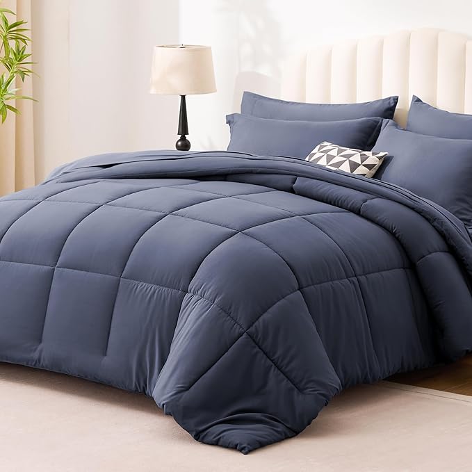 Love's cabin California King Comforter Set Indigo Blue, 7 Pieces California King Bed in a Bag, All Season Bedding Sets with 1 Comforter, 1 Flat Sheet, 1 Fitted Sheet, 2 Pillowcase and 2 Pillow Sham