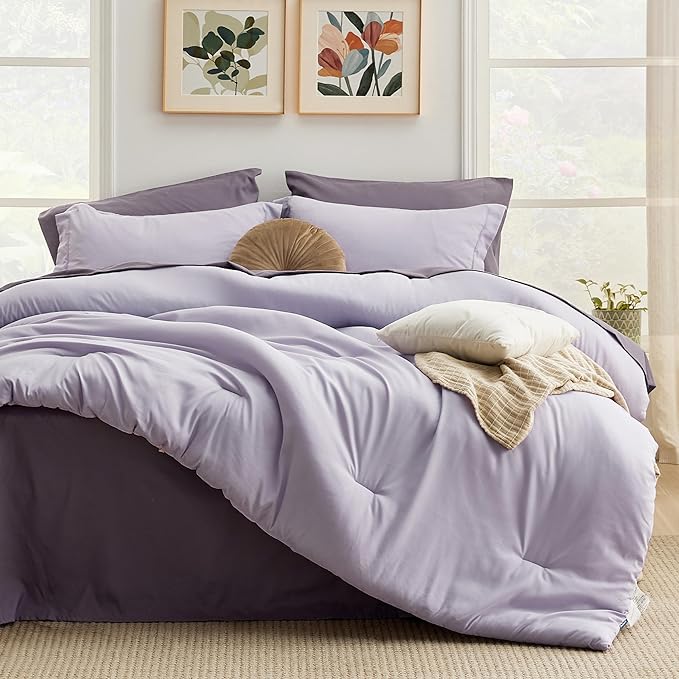 Bedsure Oversized Queen Comforter Set - 7 Pieces Lavender Oversized Queen Bedding Set for All Seasons, Boho Contrasting Design Bed in a Bag with Comforter, Sheets, Pillowcases & Shams