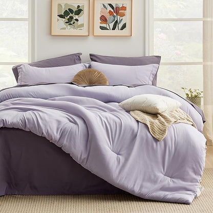 Bedsure Oversized Queen Comforter Set - 7 Pieces Lavender Oversized Queen Bedding Set for All Seasons, Boho Contrasting Design Bed in a Bag with Comforter, Sheets, Pillowcases & Shams