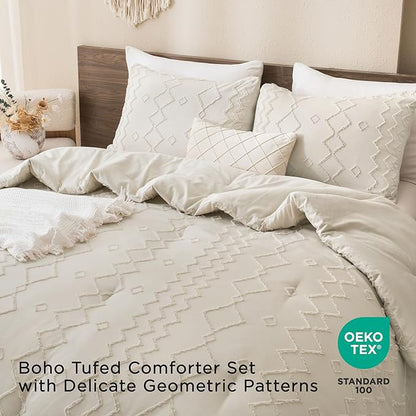 Andency Beige Tufted Comforter Set Full(79x90Inch), 3 Pieces(1 Boho Comforter, 2 Pillowcases) Textured Farmhouse Bed, Soft Microfiber Down Alternative Geometric Bedding Set