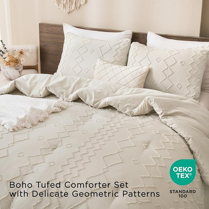 Andency Beige Tufted Comforter Set Queen, 3 Pieces(1 Comforter, 2 Pillowcases) Farmhouse Bedding Set with Soft Microfiber Down Alternative Geometric Pattern