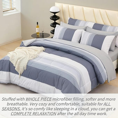 RYNGHIPY Queen Size Bed Sets 8 Pieces: Light Grey Stripe Bedding Comforter Sets Soft Fluffy Microfiber Bed in A Bag All Season Bedding Set (Queen,Light Grey)