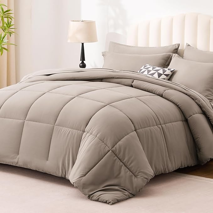 Love's cabin Full Comforter Set Light Brown, 7 Pieces Full Bed in a Bag, All Season Bedding Sets with 1 Comforter, 1 Flat Sheet, 1 Fitted Sheet, 2 Pillowcase and 2 Pillow Sham