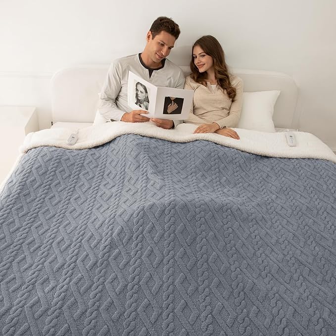 Heated Blanket Queen Size 84"X90" Blue - Soft Thick Warm Sherpa Electric Blanket for Winter with Dual Control, 5 Fast Heating Levels & 10hrs Auto Off for Women, Overheat Protection for Bed