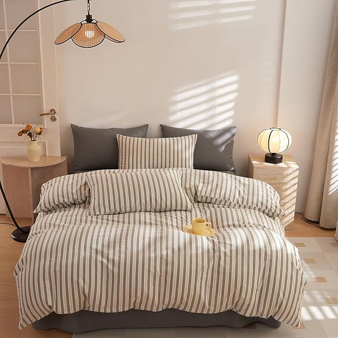 HighBuy Grey Gingham Comforter Set Striped Bedding Comforter Set for Full Size Bed Lightweight Geometric Modern Art Decor Bedding Sets Fluffy Bed Set 1 Comforter with 2 Pillow Shams