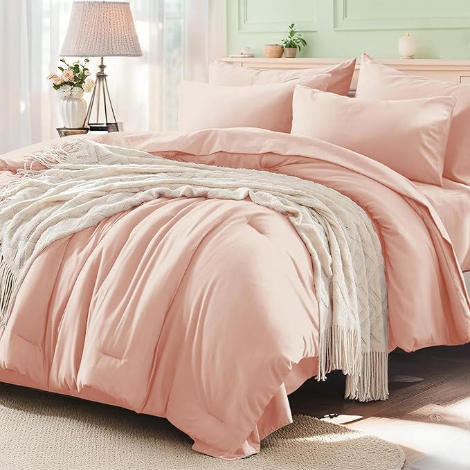 Anluoer Pink Queen Comforter Set 7 Pieces, Bed in a Bag with Sheets, All Season Bedding Sets with 1 Comforter, 2 Pillow Shams, 2 Pillowcases, 1 Flat Sheet, 1 Fitted Sheet