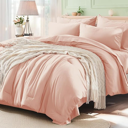 Anluoer Pink Queen Comforter Set 7 Pieces, Bed in a Bag with Sheets, All Season Bedding Sets with 1 Comforter, 2 Pillow Shams, 2 Pillowcases, 1 Flat Sheet, 1 Fitted Sheet