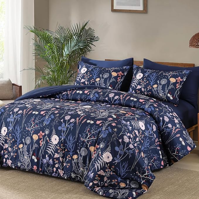 Yiran King Size Comforter Set, 7 Pieces Navy Blue Floral Soft Bedding Sets, King Bed in a Bag with Botanical Flowers Winter Comforter, Sheets, Pillowcases & Shams
