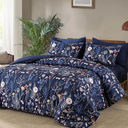 Yiran King Size Comforter Set, 7 Pieces Navy Blue Floral Soft Bedding Sets, King Bed in a Bag with Botanical Flowers Winter Comforter, Sheets, Pillowcases & Shams