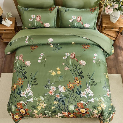WONGS BEDDING Green Floral Comforter Set Queen, 7 Piece Bed in a Bag Bedding Set with Botanical Flowers Patterns, Soft Lightweight Complete Comforters with Sheets for All Season