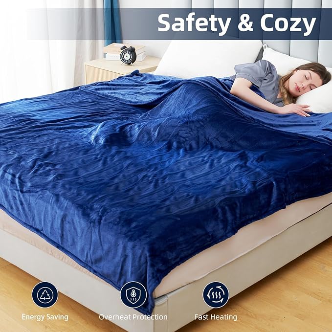 Electric Heated Blanket Full Size 72"x84",Fast Heating Throw, Soft Microplush for Bed & Couch, 1-10 Hours Auto Off & 6 Heating Levels, Machine Washable, Gifts for Grandma & Family-Navy Blue