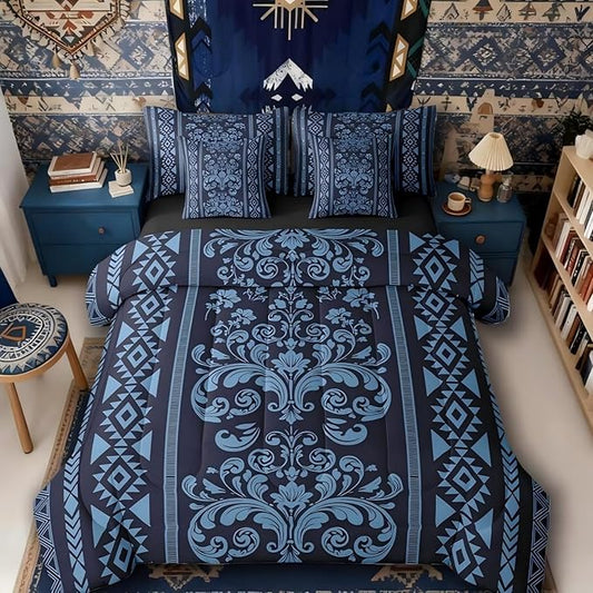 Comforter Set Twin Size, Navy Blue Aztec Damask 7 Pcs Bedding for Kids and Adults, Victorian Decor Western Baroque Goth Bed Sheet Sets with Fitted Sheet 2 Pillowcases & 2 Shams for Bedroom Bed Decor
