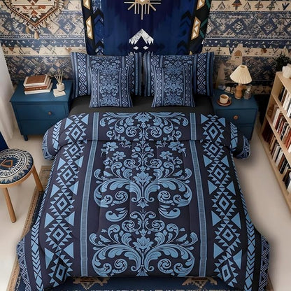 Comforter Set Queen Size, Navy Blue Aztec Damask 7 Pcs Bedding for Kids and Adults, Western Goth Floral Victorian Bed Sheet Sets with Fitted Sheet 2 Pillowcases & 2 Shams for Bedroom Bed Decor