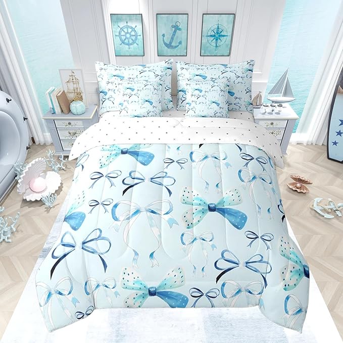 Feelyou Bow Bedding Set for All Season Boys Girls Full Size Cute Bowknot 7 Pieces Comforter Sets for Kids Women Men Blue Girls Bow Bed in a Bag with Comforter, Sheets, Pillowcases & Cushion Cover