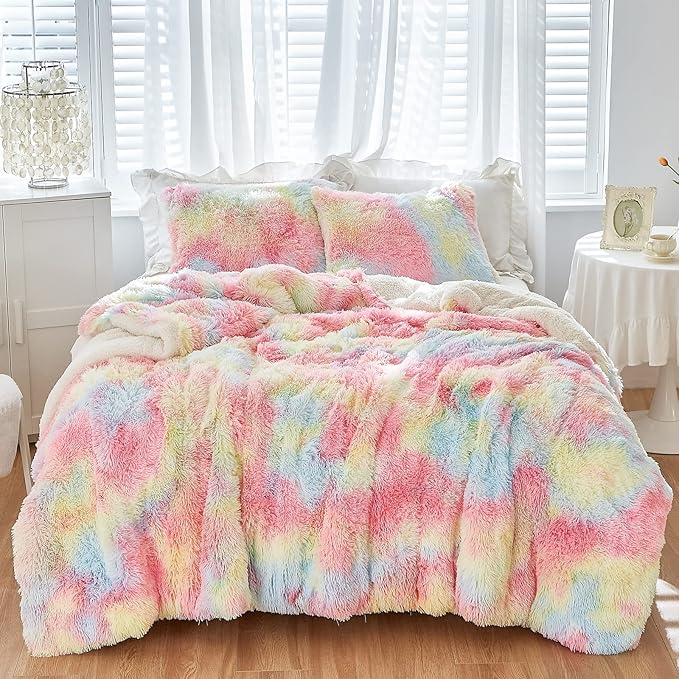 Flysheep Luxury Faux Fur Shaggy Fluffy Comforter Set Full/Queen Size Colorful Rainbow Long Hair, 3 Pieces Plush Flannel Sherpa Backing Reversible Soft Microfiber Bedding Set Super Warm for Winter