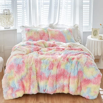 Luxury Faux Fur Shaggy Comforter Set King Size, Plush & Sherpa Reversible Comforter Tie Dye Rainbow, 3 Pieces Fluffy Fuzzy Bedding Set Ultra Soft and Warm for Winter (1 Comforter + 2 Pillowcases)