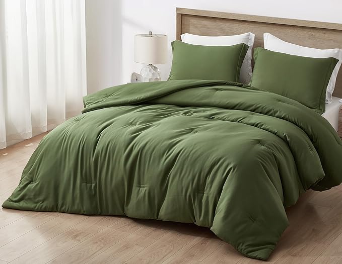 Chezmoi Collection Cliff 3-Piece Lightweight Cooling Comforter Set, King - Rayon Derived from Bamboo & Polyester Blended, Soft Breathable Bedding for Hot Sleepers, Olive Green