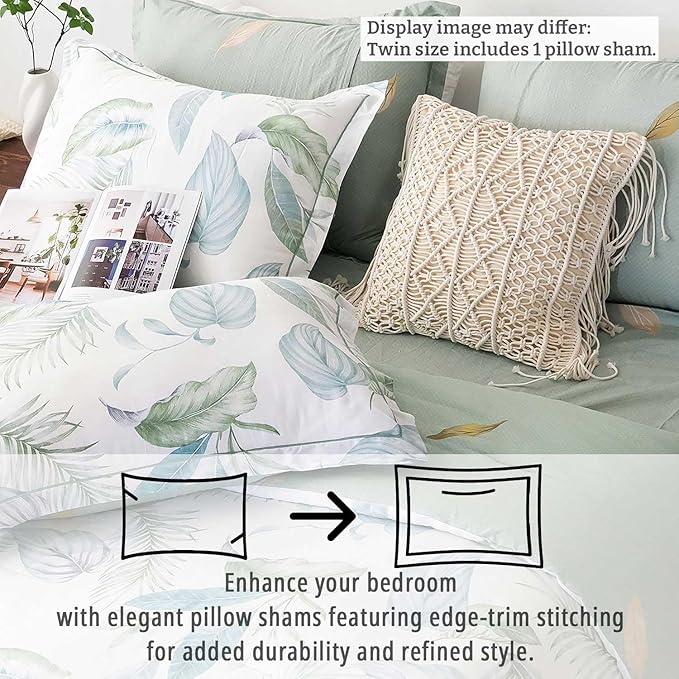 Botanical Cotton Comforter Twin Size - Sage Green Comforter Printed with Leaves & Ferns on White,Reversible Lightweight Bedding Sets 2Pcs(Leaves,68"×90")