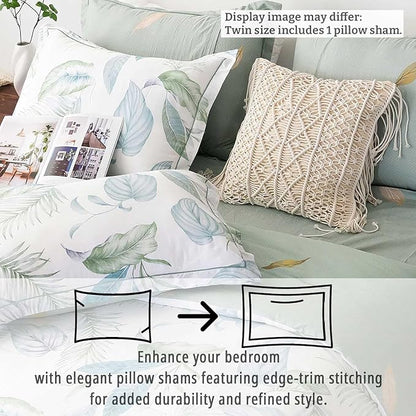 Botanical Cotton Comforter Twin Size - Sage Green Comforter Printed with Leaves & Ferns on White,Reversible Lightweight Bedding Sets 2Pcs(Leaves,68"×90")