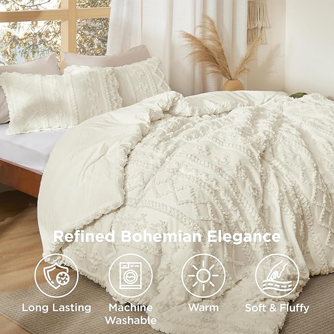 Bedsure Tufted Boho Comforter Set Full Size - Ivory Boho Bed Set, GentleSoft™ 3 Pieces Farmhouse Shabby Chic Embroidery Bedding, Gifts for Woman, Soft Jacquard Full Comforter for All Seasons