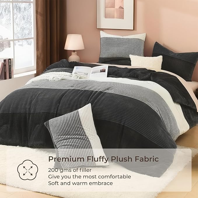 Litanika Fluffy Fleece Queen Comforter Set, Luxury Soft Plush Fuzzy Grey White Stripe Bedding Comforter Sets, Warm Shaggy Faux Fur Bed Set All Season (1 Comforter, 2 Pillowcases)
