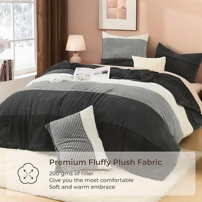 Litanika Fluffy Fleece Twin Comforter Set, Luxury Soft Plush Fuzzy Grey White Stripe Bedding Comforter Sets, Warm Shaggy Faux Fur Bed Set All Season (1 Comforter, 1 Pillowcase)
