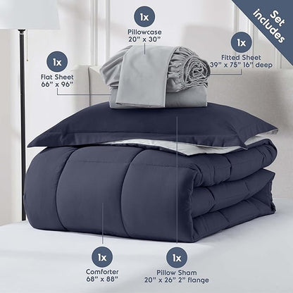 Nestl 5 Piece Twin Comforter Set – Navy Reversible Bed in a Bag – Complete Twin Size Bedding Set with Sheets, Pillowcase and Sham