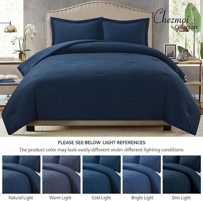 Chezmoi Collection Wilmer 3-Piece Waffle Weave Comforter Set - Soft and Cozy All Season Bedding Set, Queen, Navy