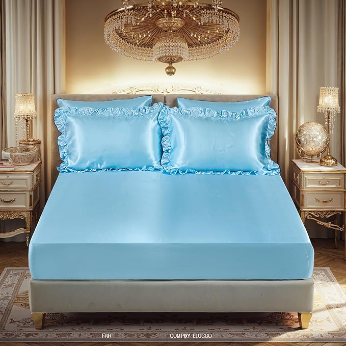 Silky Comforter Set with Sheet Set Queen 8 Pcs Baby Blue Bed in a Bag Light Blue Bedding Set Silk Like Satin Ruffle Pattern Home Deocr Sexy Hotel Silky Bed Set with 1 Cushion Cover