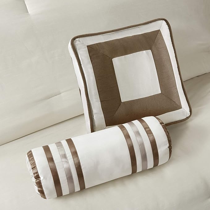 Madison Park Cozy Comforter Set-Deluxe Hotel Collection, All Season Down Alternative Luxury Bedding with Matching Shams, Decorative Pillows, King (104"x92"), Genevieve, Taupe/Brown 7 Piece