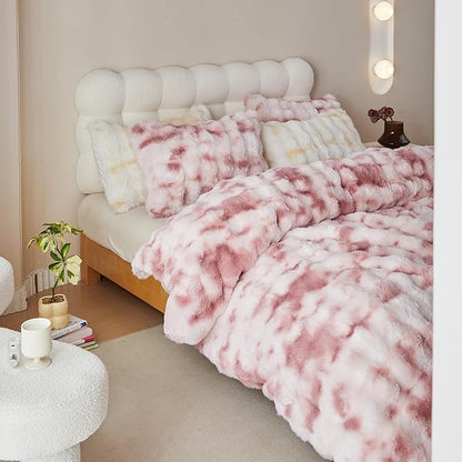 Simple&Opulence Fluffy Faux Fur Comforter Set, Plush Fuzzy Minky Bedding Set, 3 Pieces Warm Soft Comforter Bedding Set for Winter - 1 Shaggy Comforter with 2 Pillow Shams(Queen, Pink)