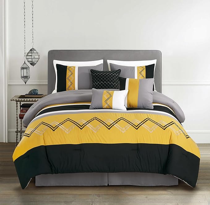 Chezmoi Collection Arden 7-Piece Modern Pleated Stripe Embroidered Zigzag Bedding Comforter Set (Full, Turmeric/Black/Silver Gray/White)