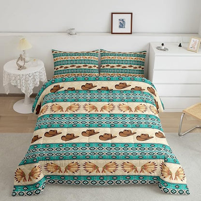 Feelyou Yellow Green Western Decor Bedding Set Southwestern Comforter Set Room Decor Cowboy Hat Feather Print Wild Western Cowboy Geometric Comforter Full Size Tribal Duvet Set 3Pcs