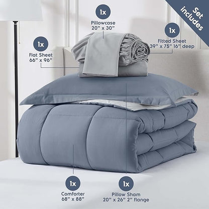 Nestl 5 Piece Twin Comforter Set – Stone Blue Reversible Bed in a Bag – Complete Twin Size Bedding Set with Sheets, Pillowcase and Sham