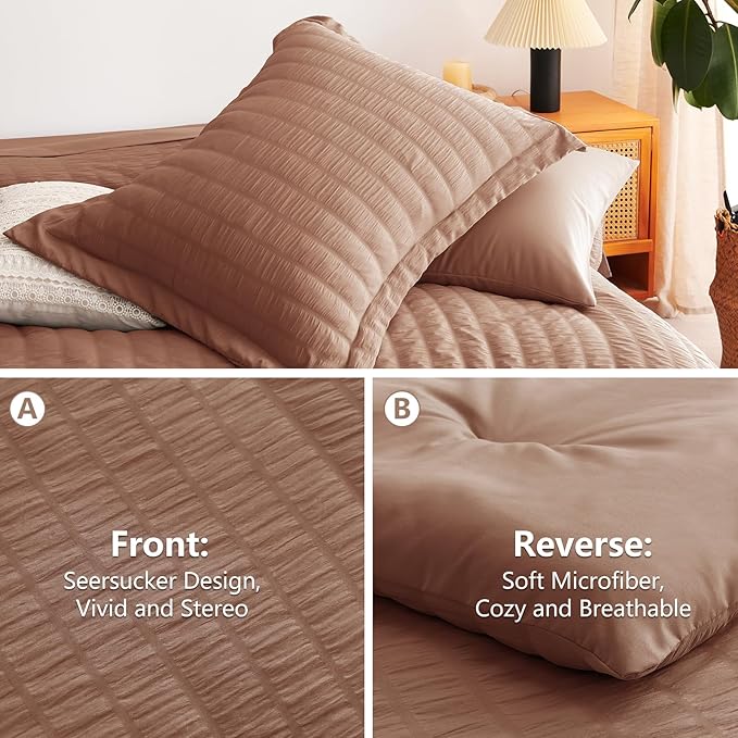CozyLux King Size Comforter Set Mocha Mousse Seersucker 7 Pieces Bed in a Bag King Comforter Set with Sheets, Luxury Bedding Set with Down Alternative Comforter, Sheets, Pillowcases & Shams All Season