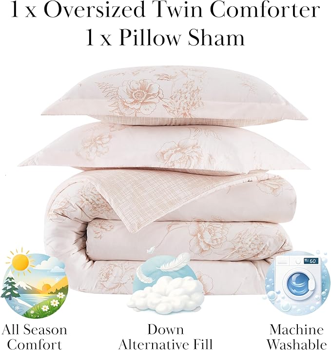Southshore Fine Living, Inc. Twin Size Bedding Comforter Set, Down Alternative Floral Comforter with Matching Pillow Sham, Bedspread Coverlet for Twin/XL Bed, Reversible Bed Ensemble, Taupe & White