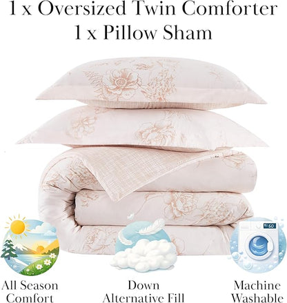 Southshore Fine Living, Inc. Twin Size Bedding Comforter Set, Down Alternative Floral Comforter with Matching Pillow Sham, Bedspread Coverlet for Twin/XL Bed, Reversible Bed Ensemble, Taupe & White