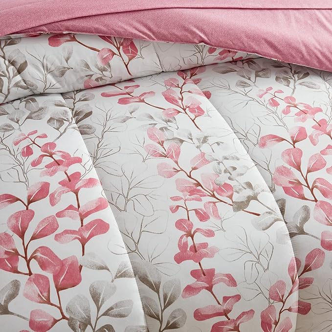 Pink Floral Comforter Sheet Set Bed in a Bag Twin Pink Gray Leaves 6 Pieces Bedding Set (1 Comforter 2 Pillow Shams 1 Flat Sheet 1 Fitted Sheet 1 Pillowcases)