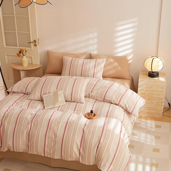 HighBuy Boho Striped Comforter Set Full Size,Brown Pink Stripes Pattern Printed Bedding Comforter Sets All Season,Comfy Soft Comforter Fluffy Stripe Bedding Set,1 Comforter,2 Pillowcases
