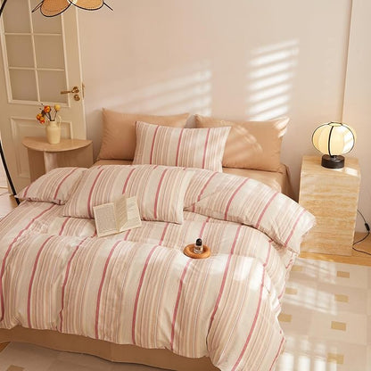 HighBuy Boho Striped Comforter Set Full Size,Brown Pink Stripes Pattern Printed Bedding Comforter Sets All Season,Comfy Soft Comforter Fluffy Stripe Bedding Set,1 Comforter,2 Pillowcases