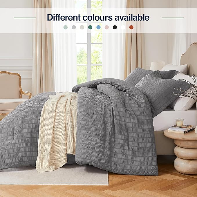 Grey Full Comforter Set - 3 Pieces Seersucker Lightweight Bedding Comforter Sets (1 Soft Fluffy Comforter & 2 Pillowcases) - All Seasons Cozy Modern Bed Sets for Women Men