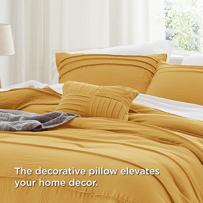 Bedsure King Comforter Set - 4 Pieces Pinch Pleat Bed Set, Mustard Yellow Boho Bedding for All Season, 1 Soft Comforter, 2 Pillowcases, 1 Decorative Pillow