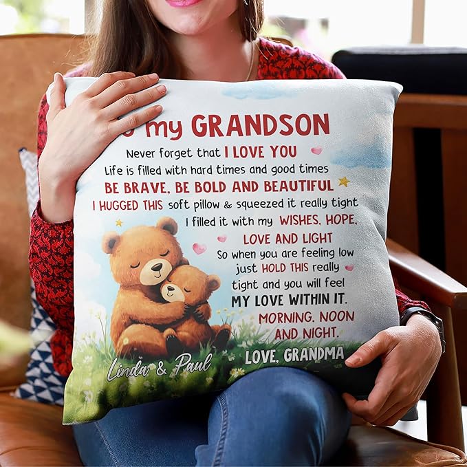 Hyturtle Personalized Grandson Pillow (Insert Included) Gifts from Grandma - Birthday Graduation for Grandson - Cute Bear Custom Name Sofa Couch Cushion Home Decor Pillow
