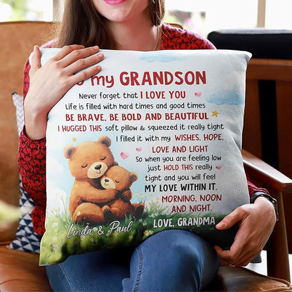 Hyturtle Personalized Grandson Pillow (Insert Included) Gifts from Grandma - Birthday Graduation for Grandson - Cute Bear Custom Name Sofa Couch Cushion Home Decor Pillow