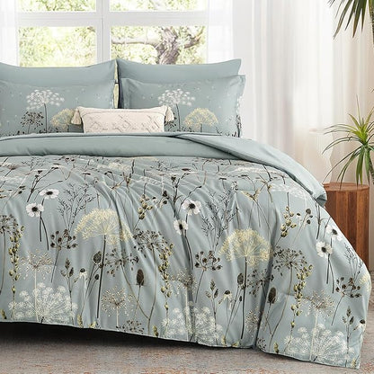 Yiran Dusty Blue Floral Comforter Set King Size, 7 Piece Dandelion Botanical Comforter Bedding Set, Bed in a Bag King, Soft Microfiber Complete Bedding Set with Sheets for All Season