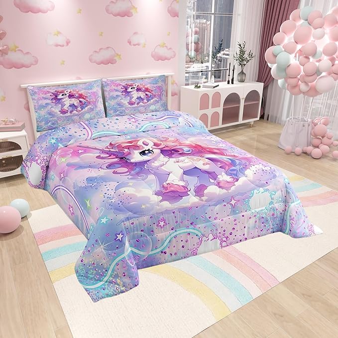 Cute Unicorn Reversible King Size Comforter Set,Pink Blue Unicorn Decor All Season Bedding Set,Teens Rainbow Stars Galaxy Comforter,Dreamy Love Decor Quilt Set Bedroom Collection 3Pcs,Colorful