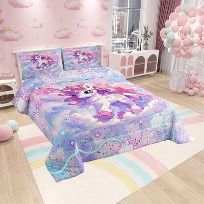 Kawaii Unicorn Bedding Set Full Size Colorful Glitter Sky Galaxy Comforter Set for Girls Kids Teens Cartoon Dream Fairy Tale Style Quilted Duvet Set Room Decor 3Pcs,Reversible Colorful