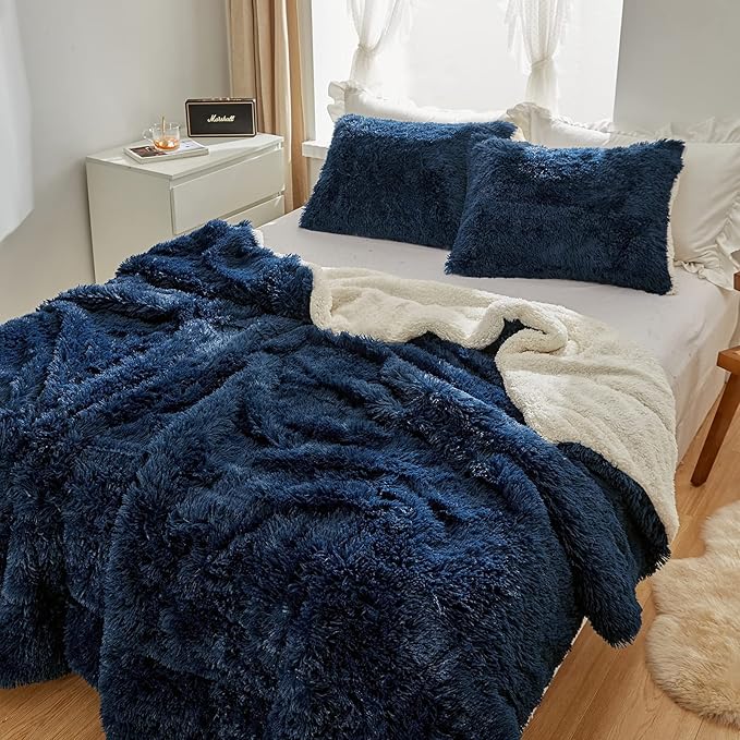 Flysheep Luxury Faux Fur King Size Winter Comforter Set Shaggy Velvet Navy Blue Long Hair, 3 Pieces Plush Flannel Sherpa Backing Reversible Soft Microfiber Super Warm Bedding Set for Holiday